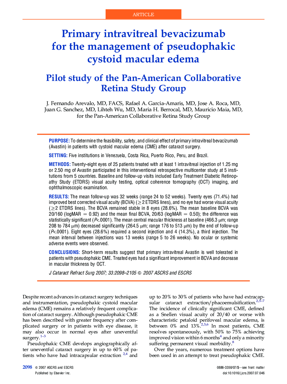 Primary intravitreal bevacizumab for the management of pseudophakic cystoid macular edema