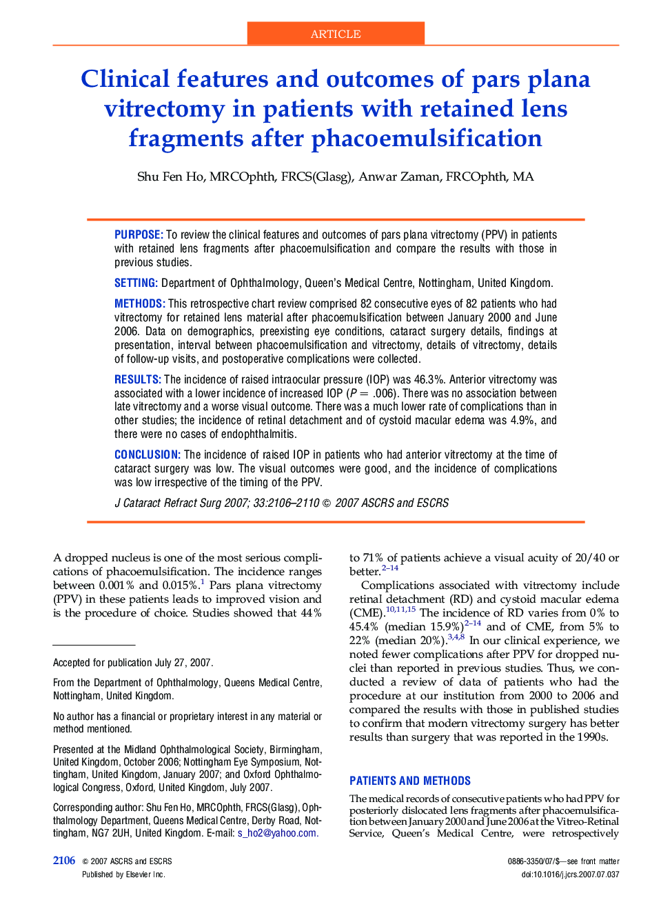Clinical features and outcomes of pars plana vitrectomy in patients with retained lens fragments after phacoemulsification