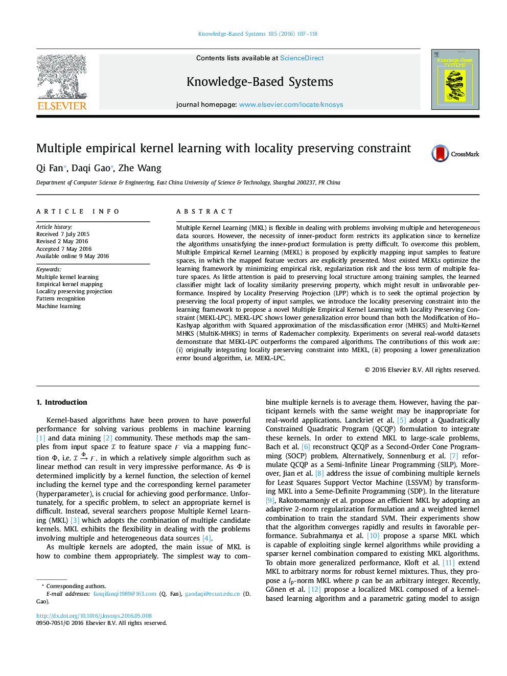 Multiple empirical kernel learning with locality preserving constraint