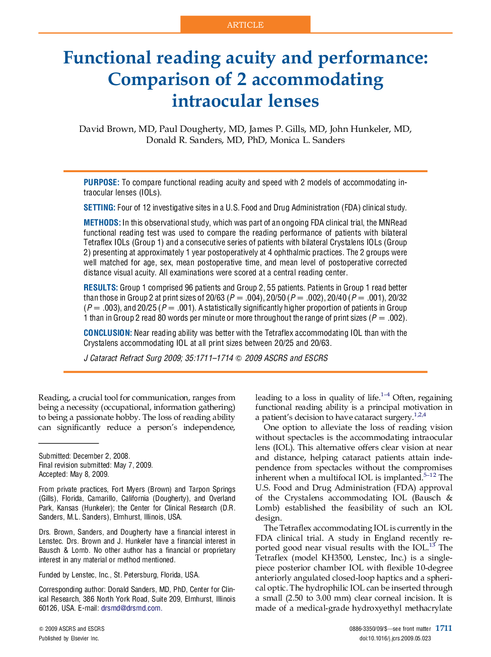 Functional reading acuity and performance: Comparison of 2 accommodating intraocularÂ lenses