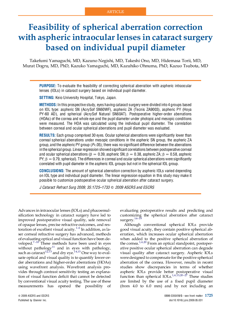 Feasibility of spherical aberration correction with aspheric intraocular lenses in cataract surgery based on individual pupil diameter