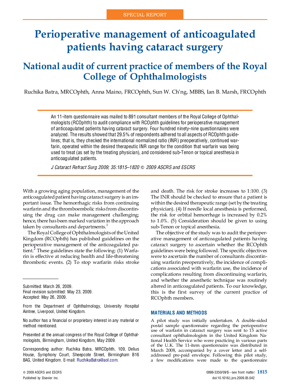 Perioperative management of anticoagulated patients having cataract surgery