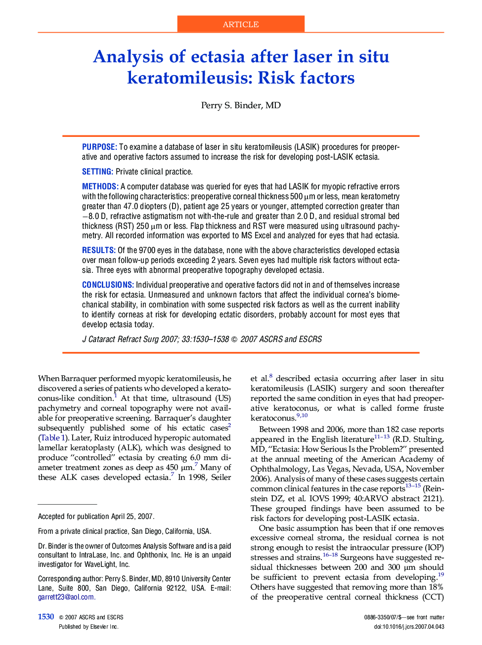 Analysis of ectasia after laser in situ keratomileusis: Risk factors