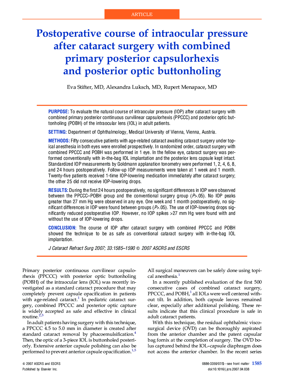 Postoperative course of intraocular pressure after cataract surgery with combined primary posterior capsulorhexis and posterior optic buttonholing