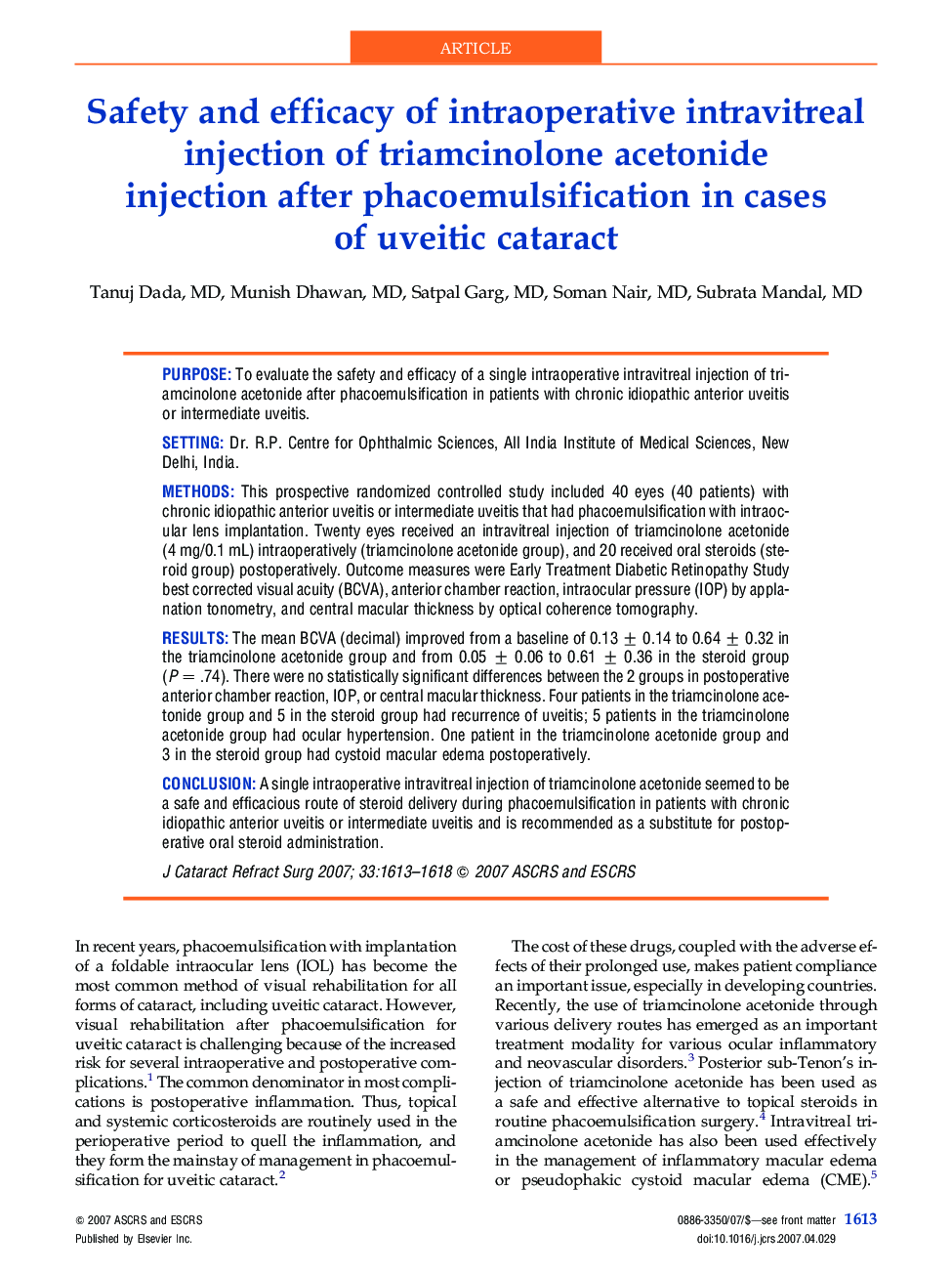 Safety and efficacy of intraoperative intravitreal injection of triamcinolone acetonide injectionÂ after phacoemulsification in cases ofÂ uveitic cataract