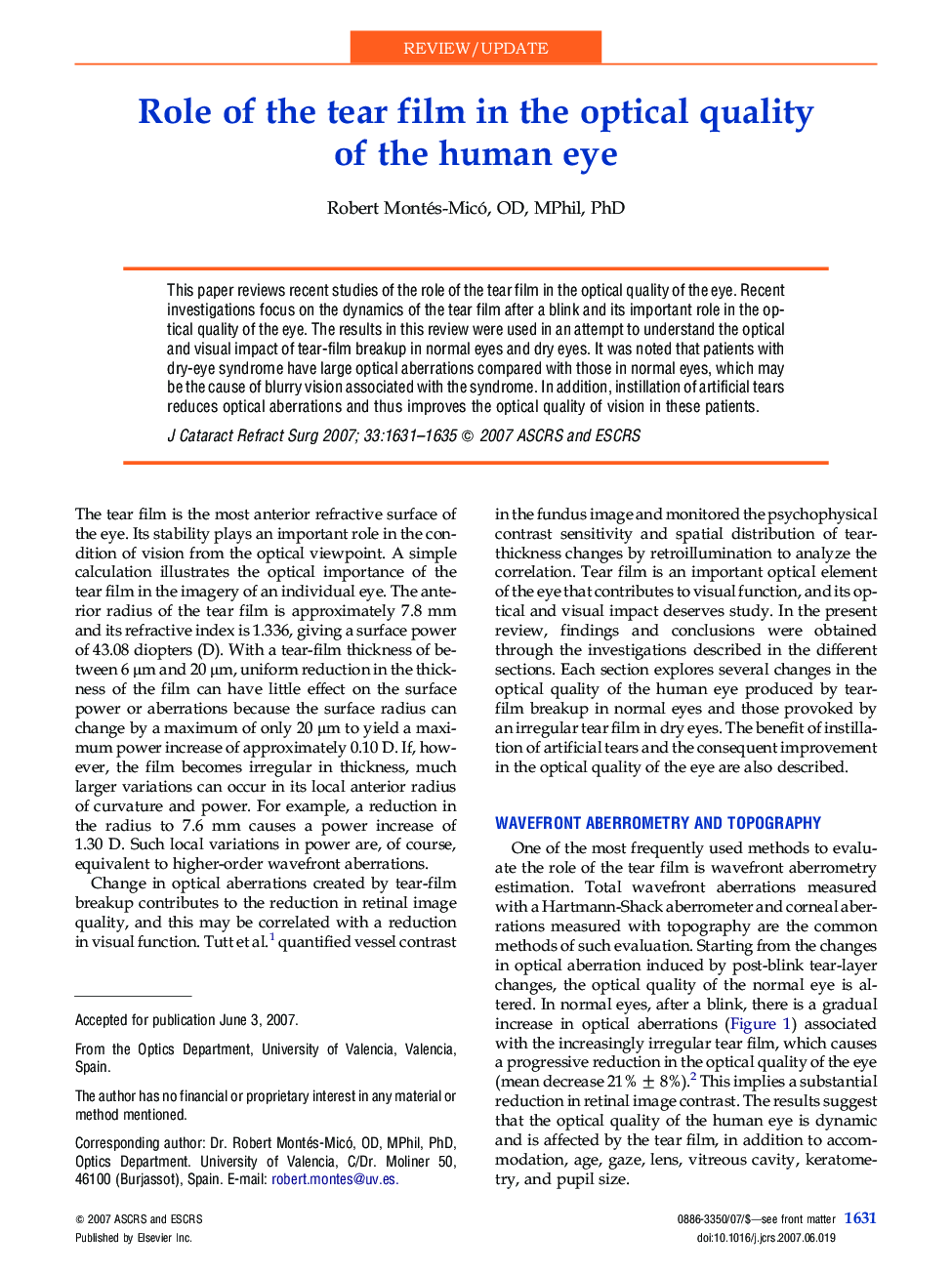 Role of the tear film in the optical quality of the human eye