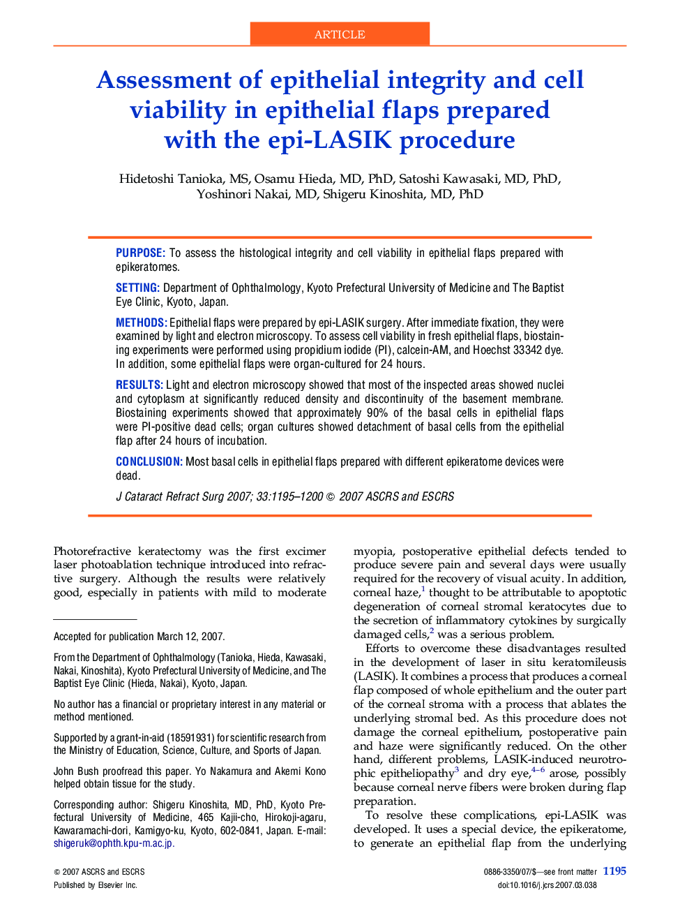 Assessment of epithelial integrity and cell viability in epithelial flaps prepared with the epi-LASIK procedure