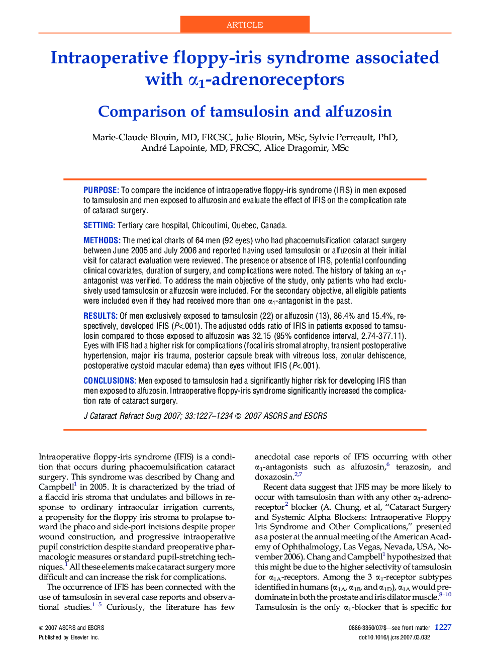Intraoperative floppy-iris syndrome associated with α1-adrenoreceptors : Comparison of tamsulosin and alfuzosin