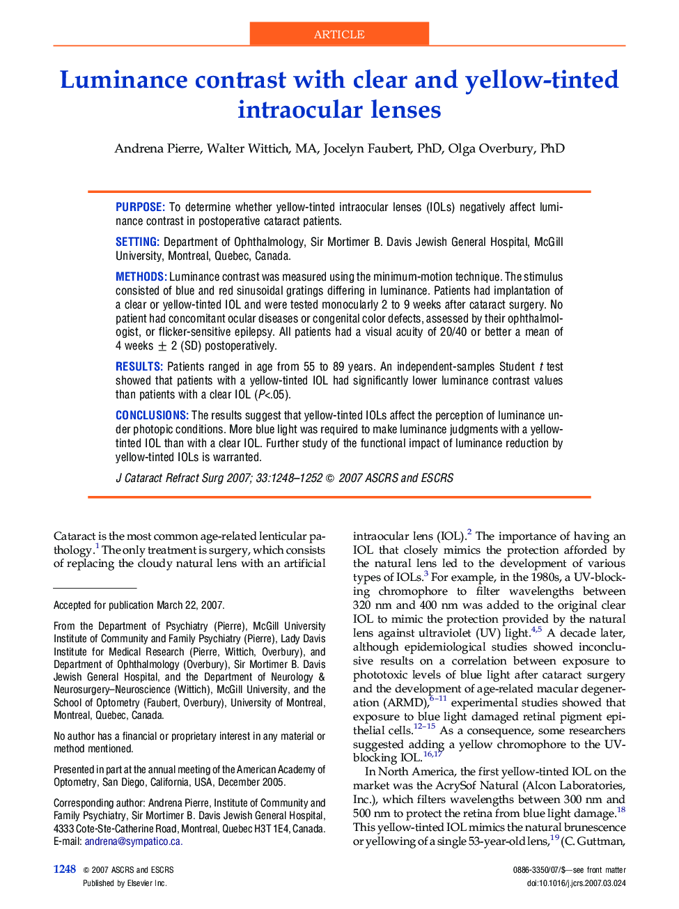 Luminance contrast with clear and yellow-tinted intraocular lenses