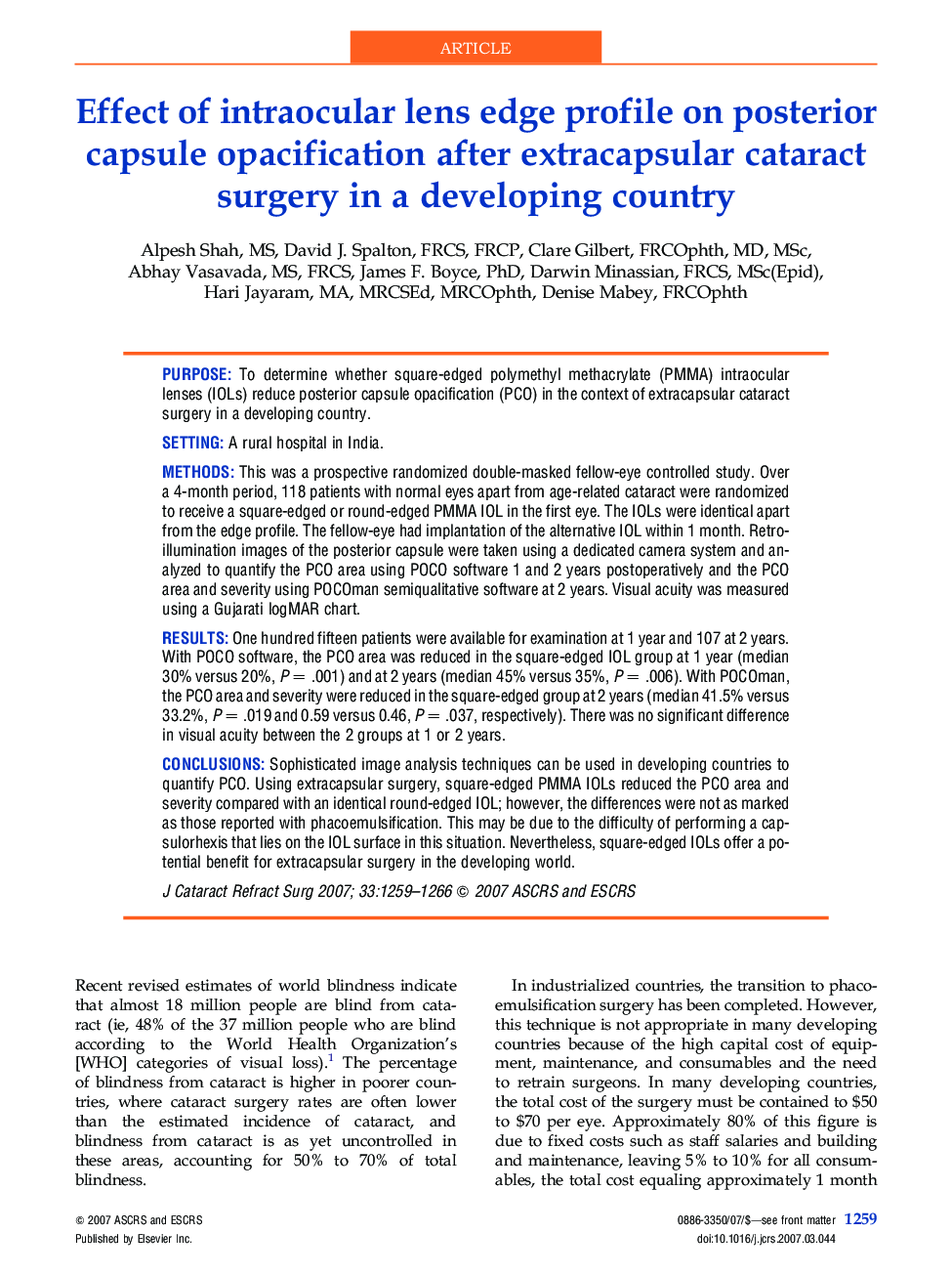 Effect of intraocular lens edge profile on posterior capsule opacification after extracapsular cataract surgery in a developing country