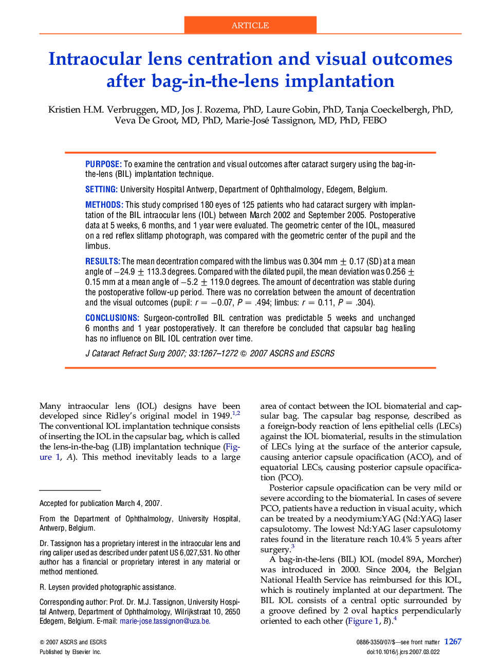 عکس صفحه اول مقاله: Intraocular lens centration and visual outcomes after bag-in-the-lens implantation Intraocular lens centration and visual outcomes after bag-in-the-lens implantation