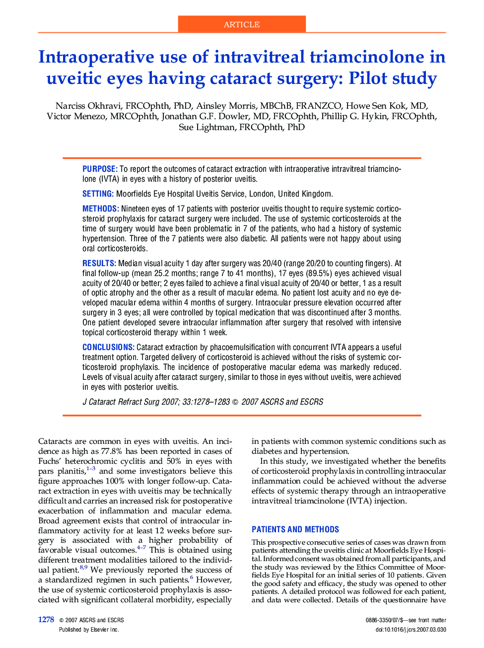 عکس صفحه اول مقاله: Intraoperative use of intravitreal triamcinolone in uveitic eyes having cataract surgery: Pilot study Intraoperative use of intravitreal triamcinolone in uveitic eyes having cataract surgery: Pilot study