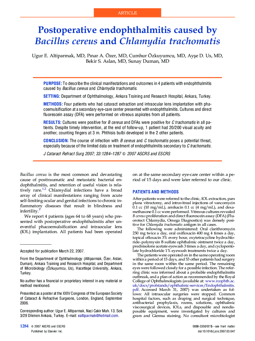 Postoperative endophthalmitis caused by Bacillus cereus and Chlamydia trachomatis