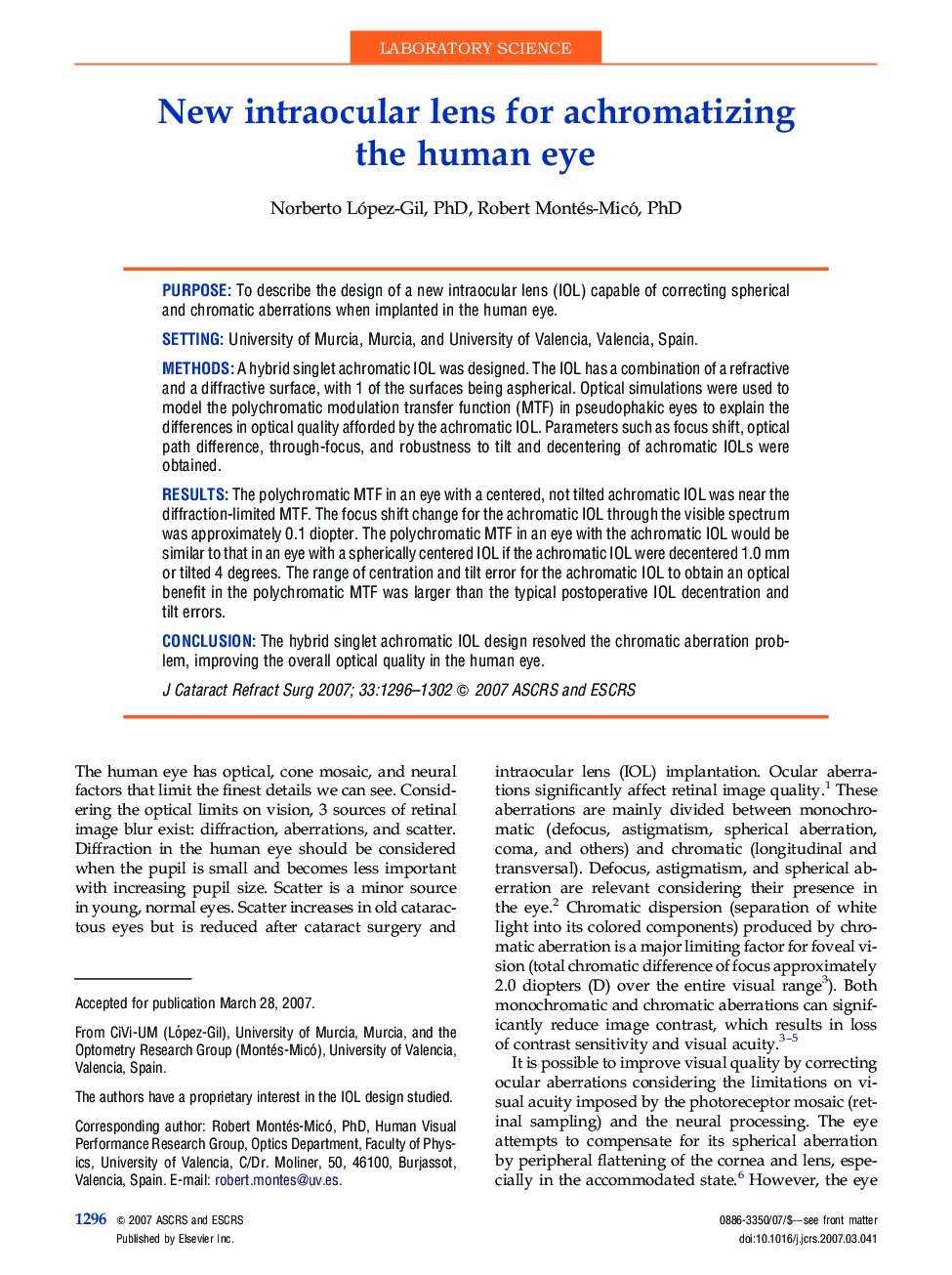 New intraocular lens for achromatizing the human eye