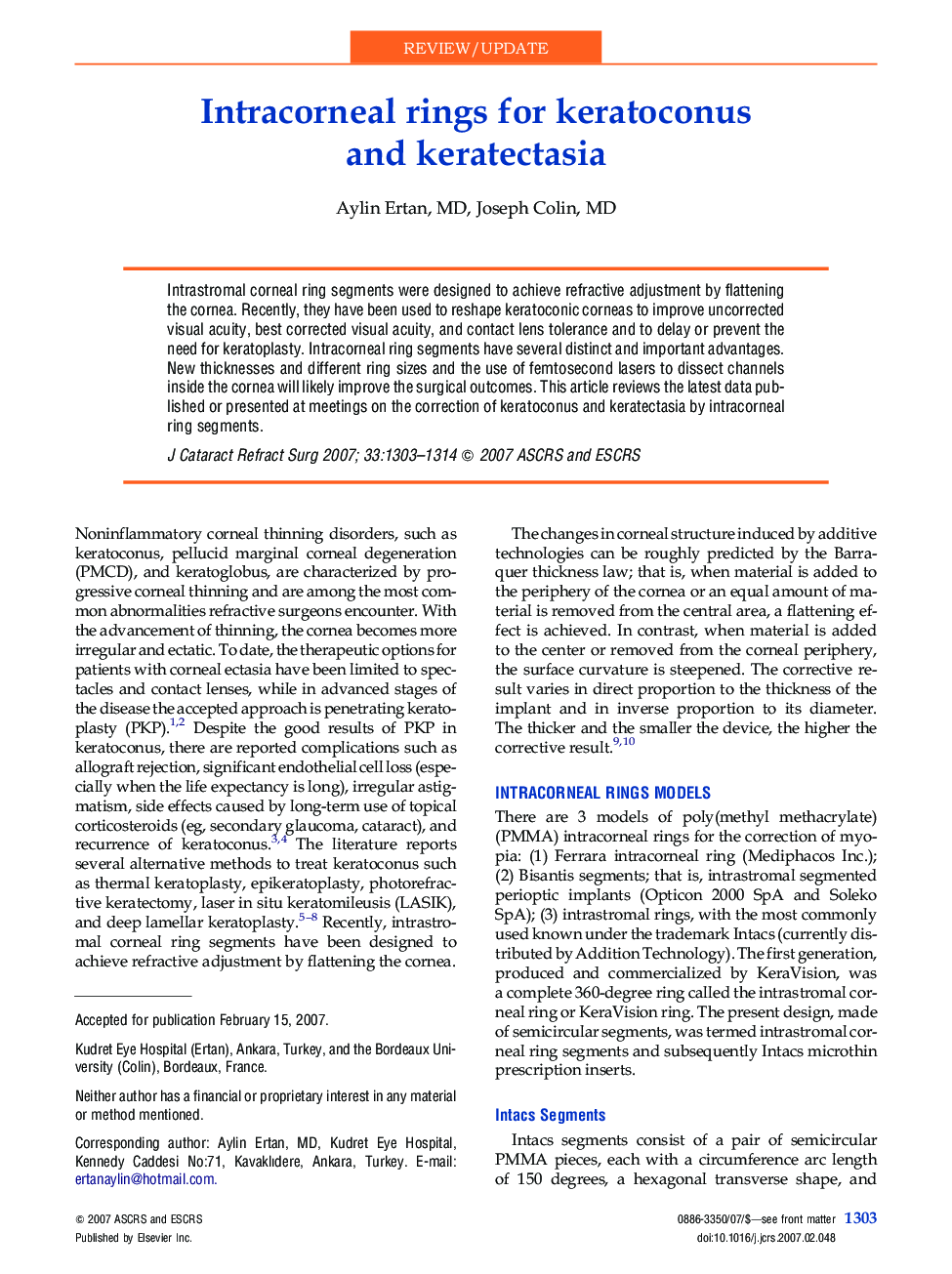 Intracorneal rings for keratoconus and keratectasia