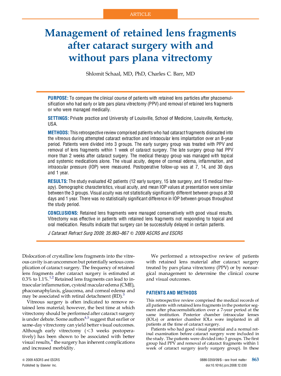 عکس صفحه اول مقاله: Management of retained lens fragments after cataract surgery with and without pars plana vitrectomy Management of retained lens fragments after cataract surgery with and without pars plana vitrectomy