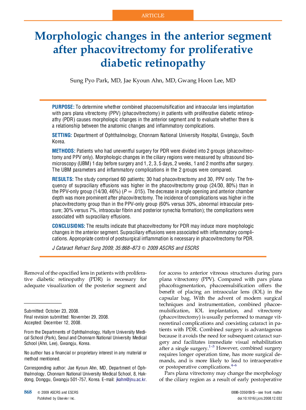 Morphologic changes in the anterior segment after phacovitrectomy for proliferative diabetic retinopathy
