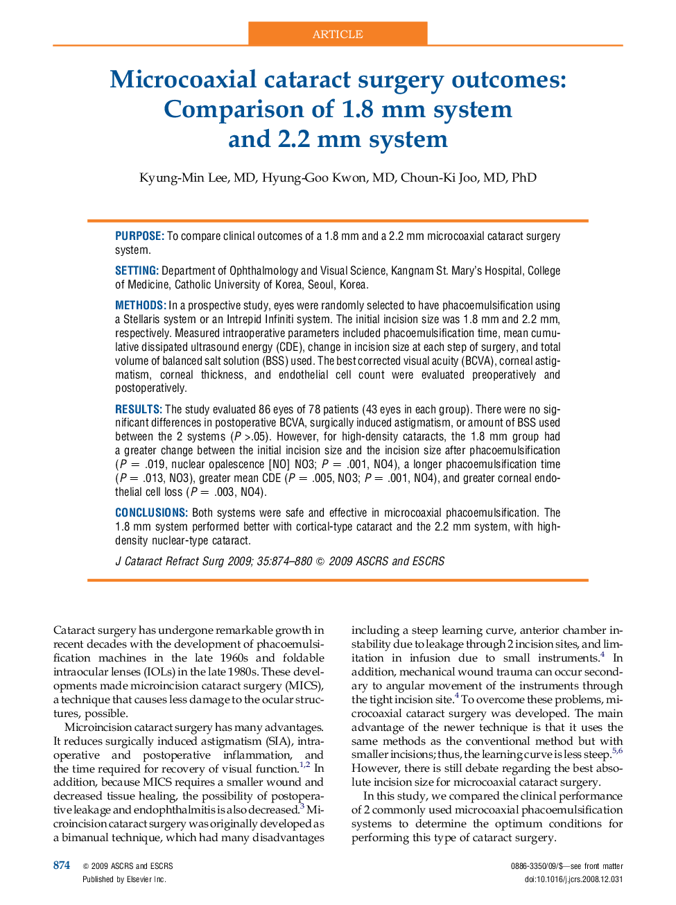 Microcoaxial cataract surgery outcomes: Comparison of 1.8 mm system and 2.2 mm system