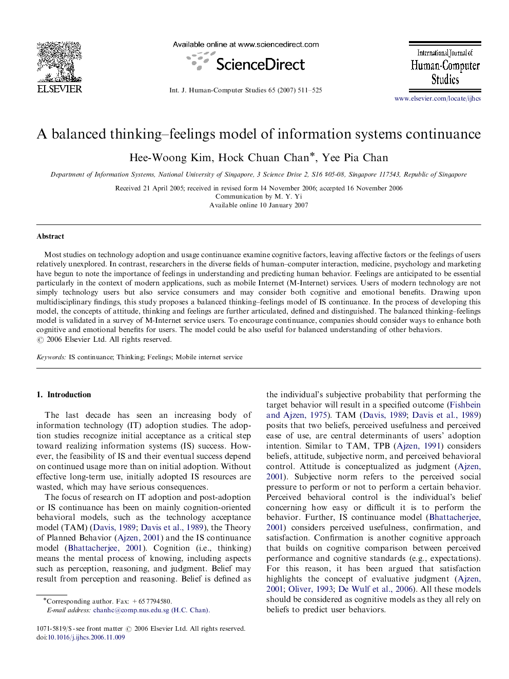 A balanced thinking–feelings model of information systems continuance