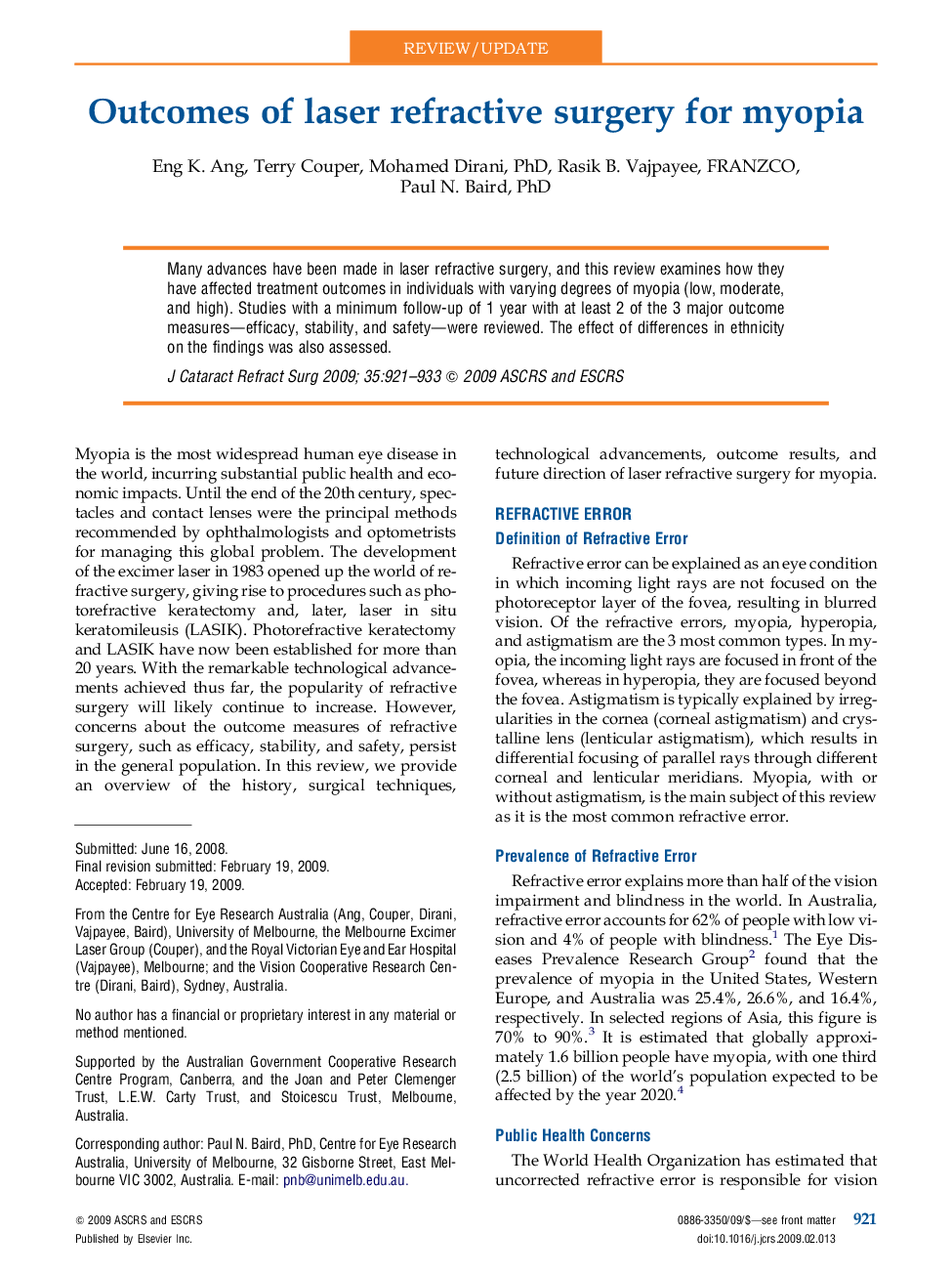 Outcomes of laser refractive surgery for myopia 