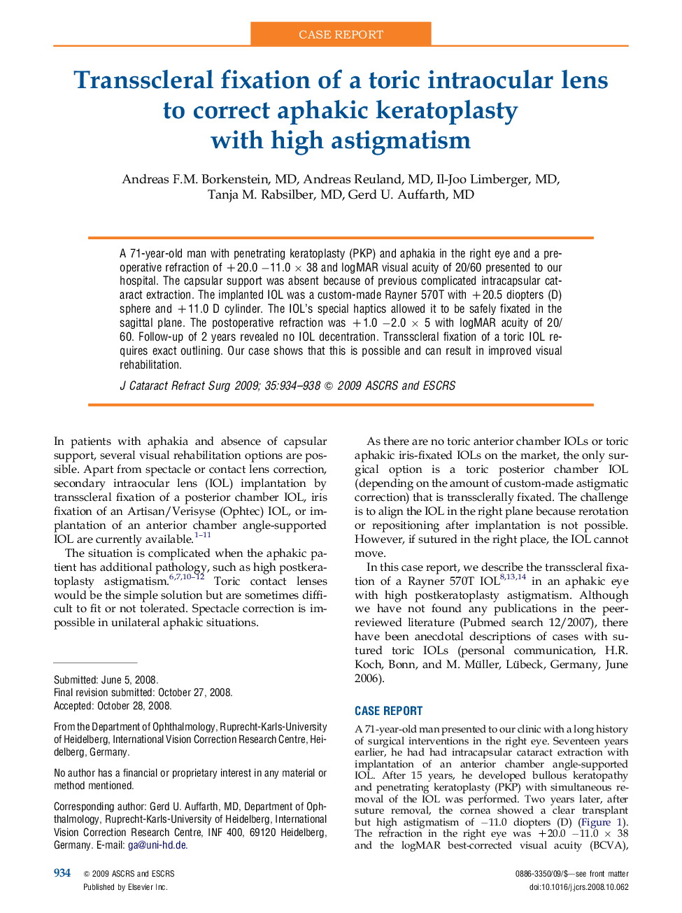 عکس صفحه اول مقاله: Transscleral fixation of a toric intraocular lens to correct aphakic keratoplasty with high astigmatism Transscleral fixation of a toric intraocular lens to correct aphakic keratoplasty with high astigmatism