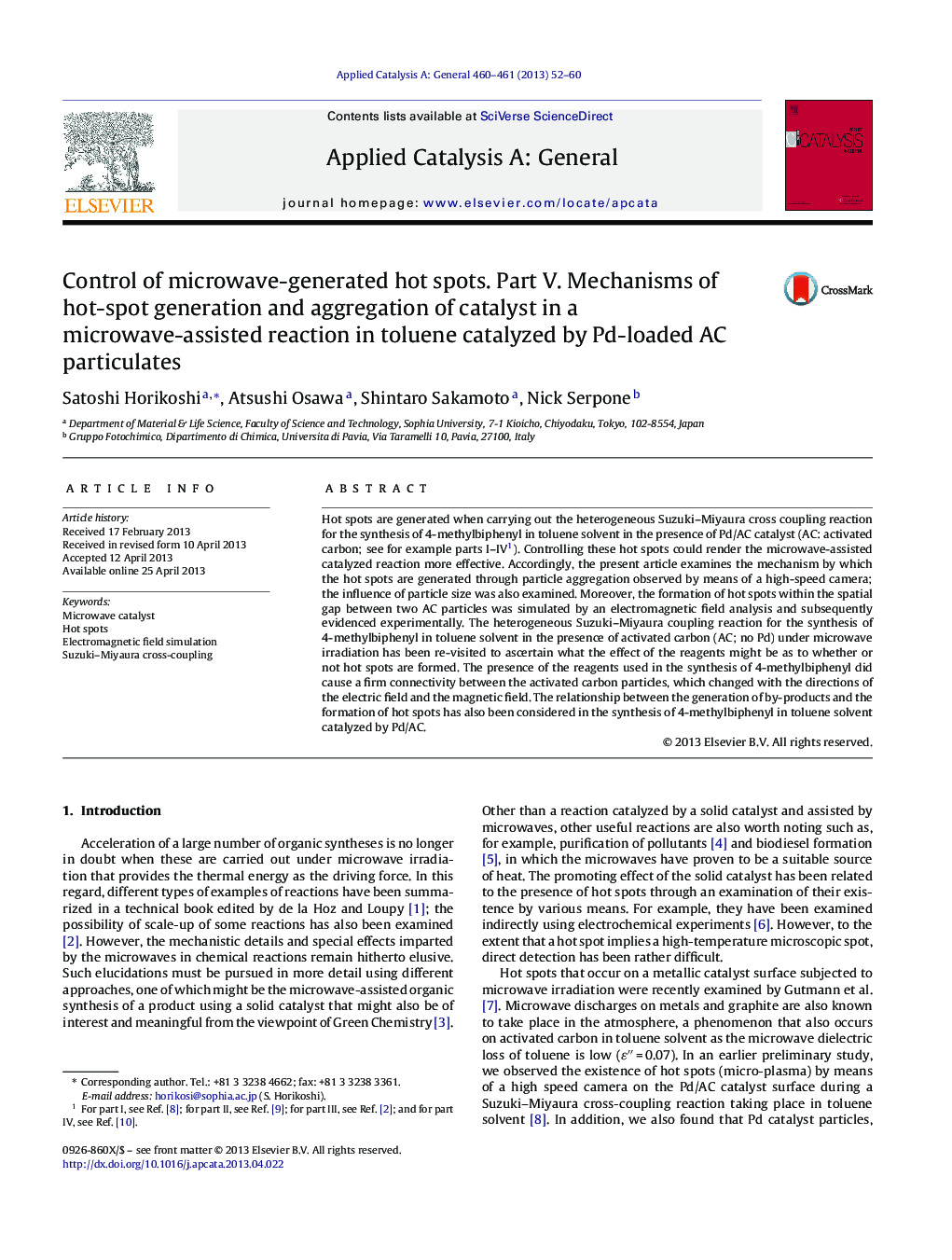 Control of microwave-generated hot spots. Part V. Mechanisms of hot-spot generation and aggregation of catalyst in a microwave-assisted reaction in toluene catalyzed by Pd-loaded AC particulates