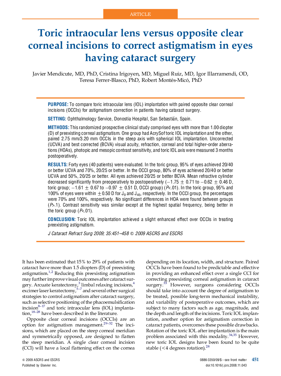 Toric intraocular lens versus opposite clear corneal incisions to correct astigmatism in eyes having cataract surgery