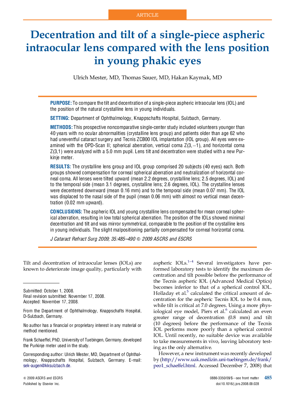 Decentration and tilt of a single-piece aspheric intraocular lens compared with the lens position in young phakic eyes