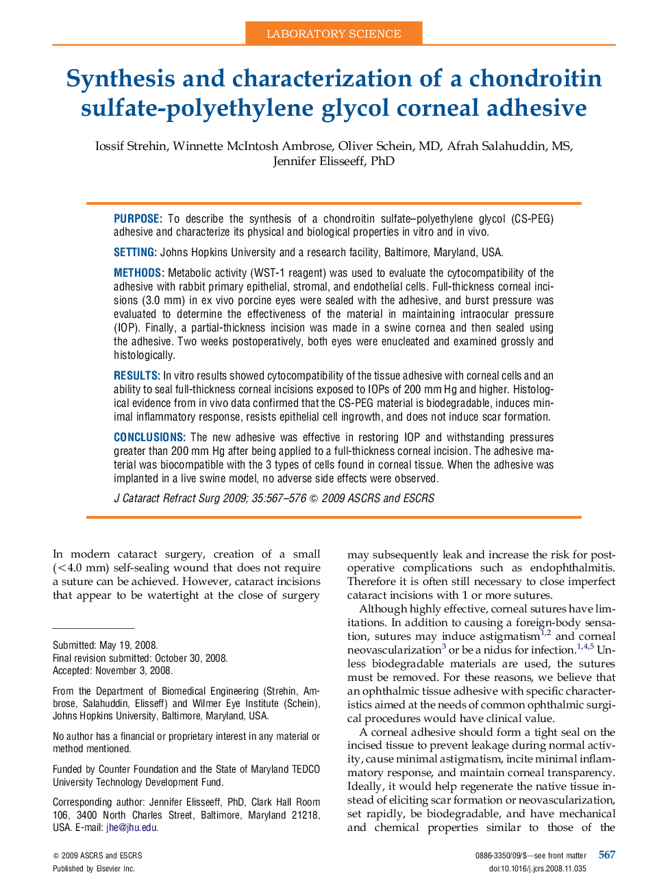 Synthesis and characterization of a chondroitin sulfate-polyethylene glycol corneal adhesive