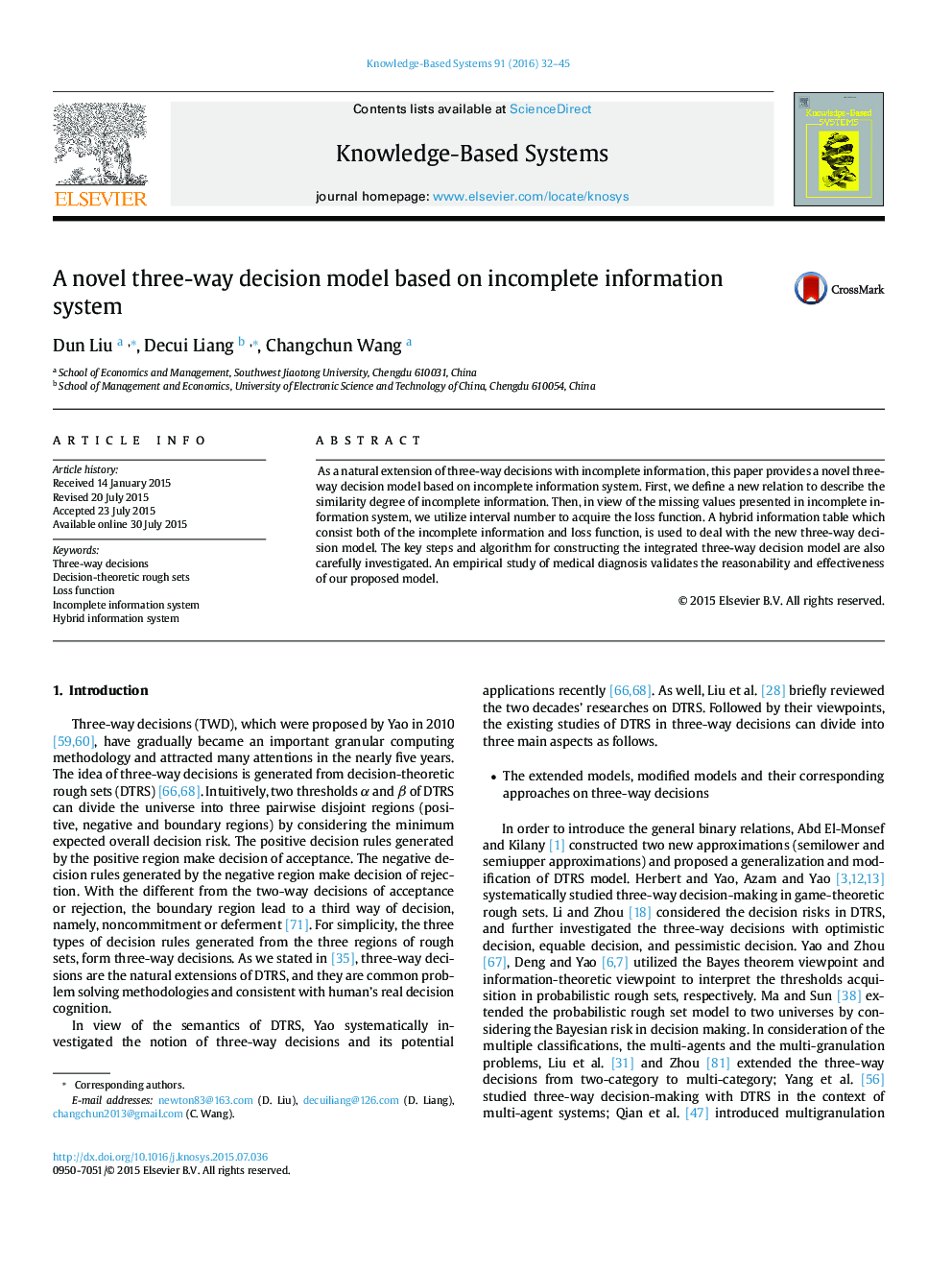 A novel three-way decision model based on incomplete information system