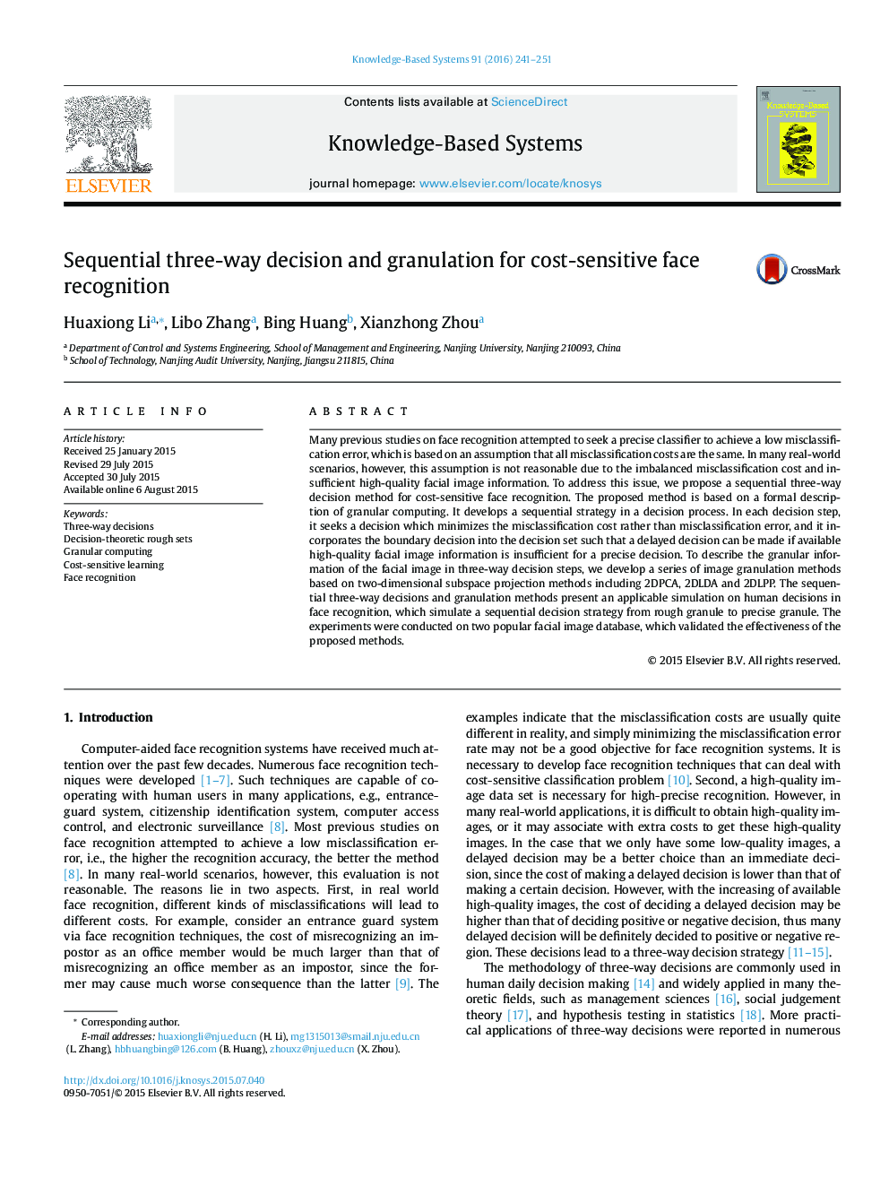 Sequential three-way decision and granulation for cost-sensitive face recognition