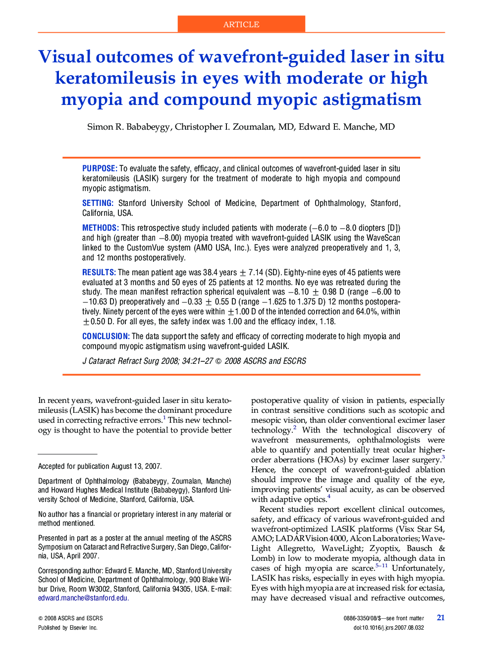 Visual outcomes of wavefront-guided laser in situ keratomileusis in eyes with moderate or high myopia and compound myopic astigmatism