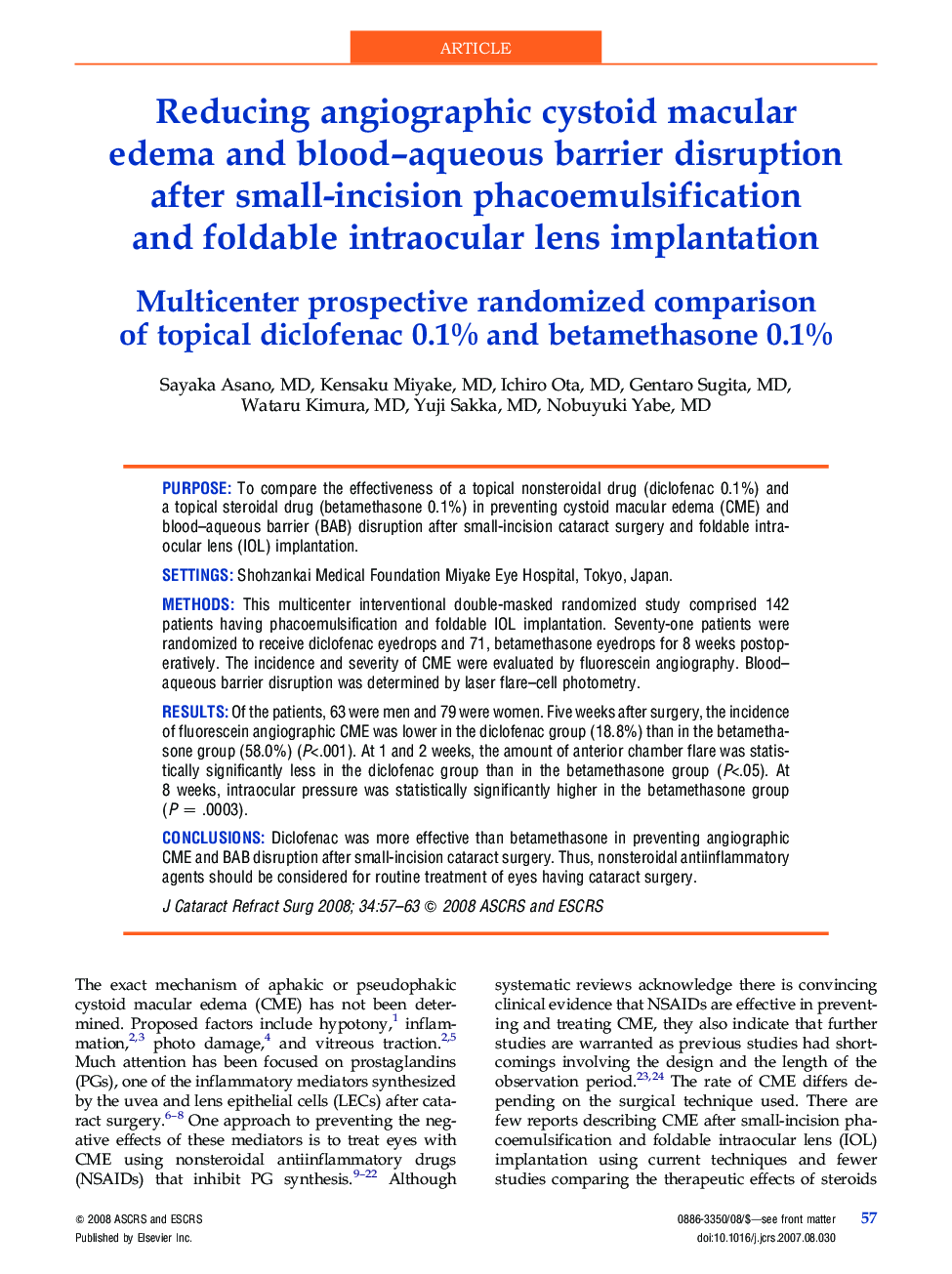 Reducing angiographic cystoid macular edema and blood–aqueous barrier disruption after small-incision phacoemulsification and foldable intraocular lens implantation : Multicenter prospective randomized comparison of topical diclofenac 0.1% and betamethaso
