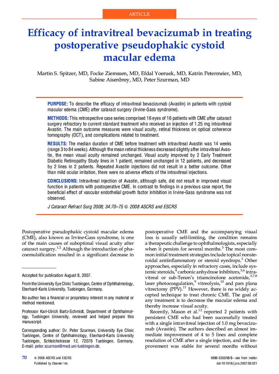 Efficacy of intravitreal bevacizumab in treating postoperative pseudophakic cystoid macular edema