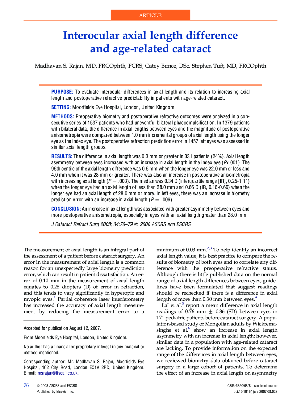 Interocular axial length difference and age-related cataract