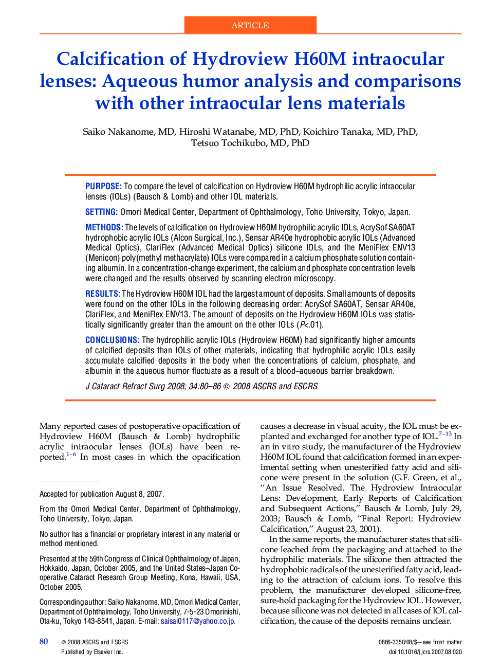 Calcification of Hydroview H60M intraocular lenses: Aqueous humor analysis and comparisons with other intraocular lens materials