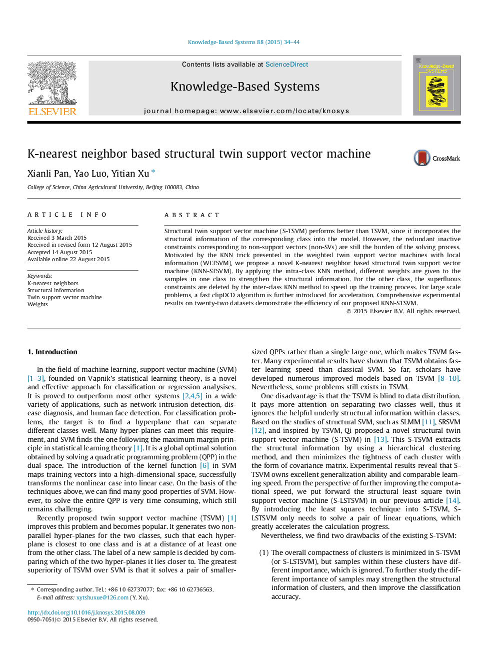 K-nearest neighbor based structural twin support vector machine