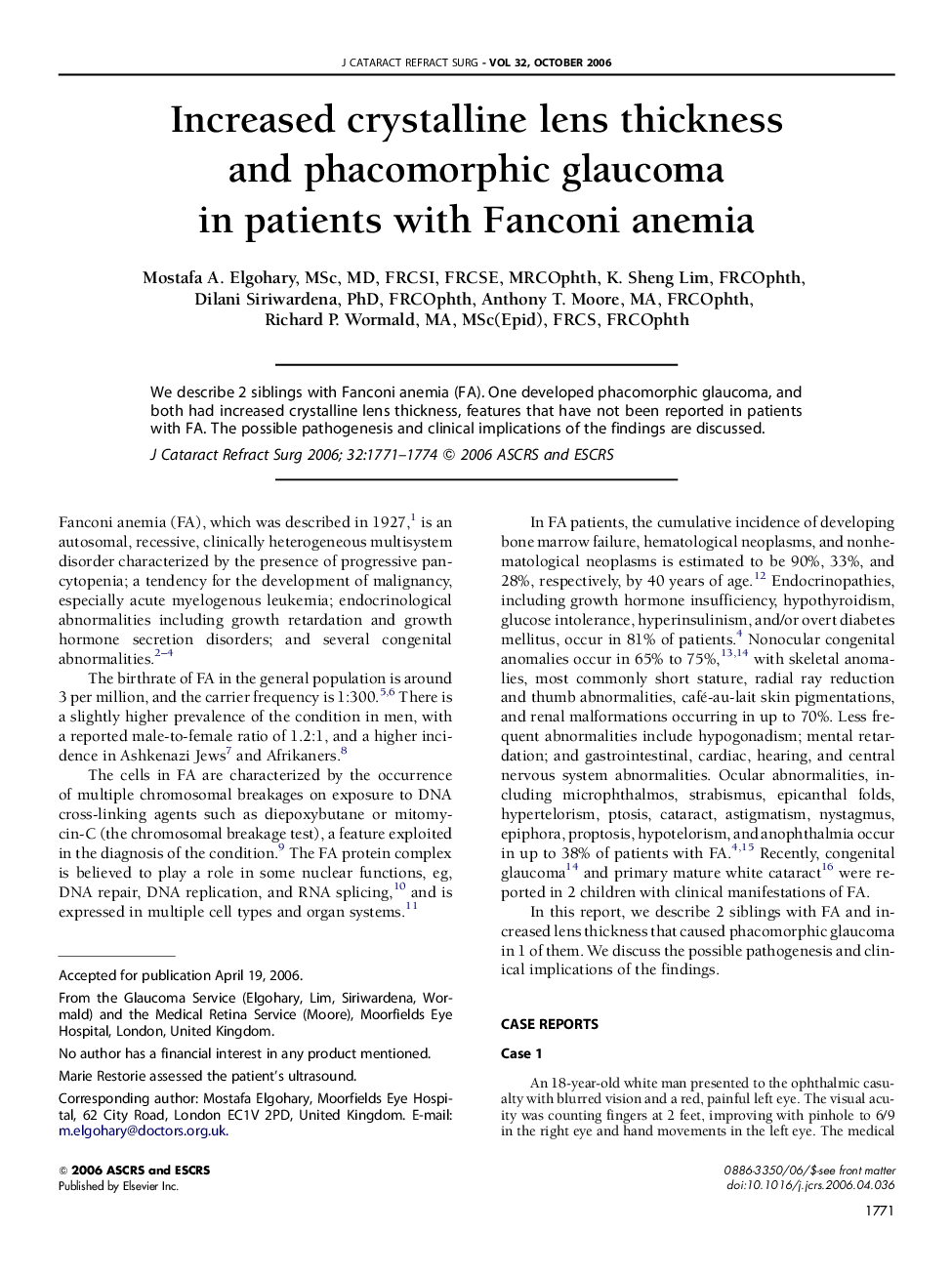 Increased crystalline lens thickness and phacomorphic glaucoma in patients with Fanconi anemia