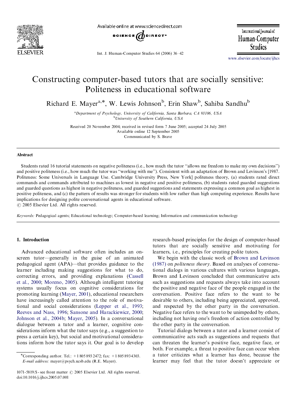 Constructing computer-based tutors that are socially sensitive: Politeness in educational software