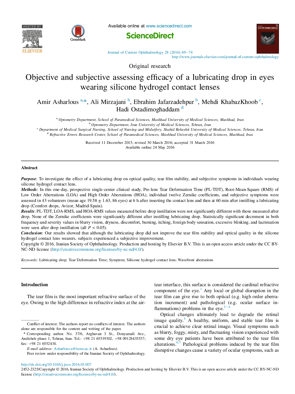 Objective and subjective assessing efficacy of a lubricating drop in eyes wearing silicone hydrogel contact lenses 