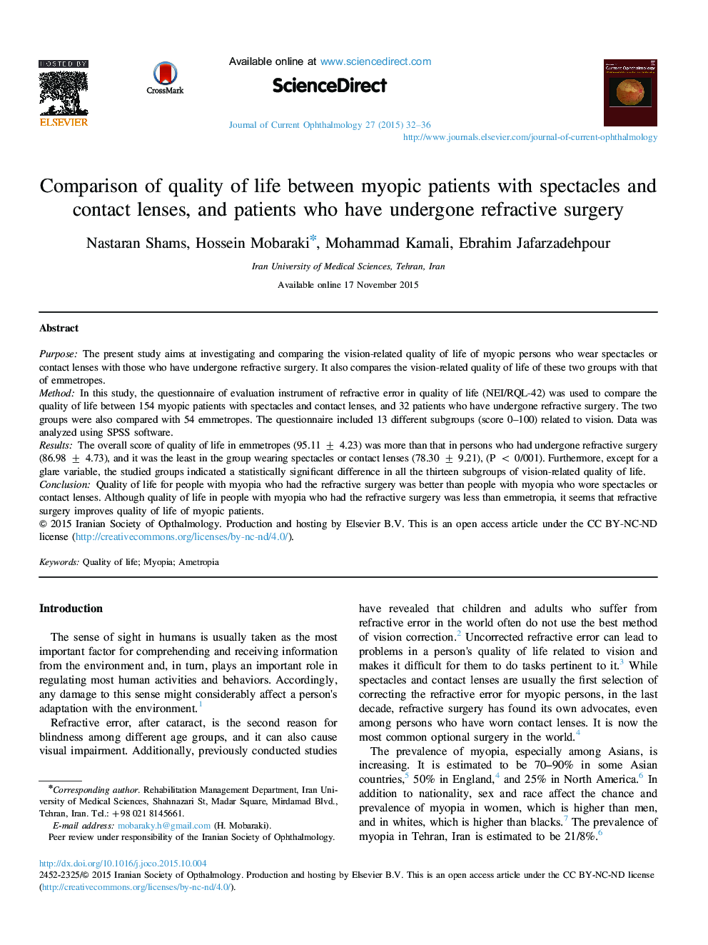 Comparison of quality of life between myopic patients with spectacles and contact lenses, and patients who have undergone refractive surgery 