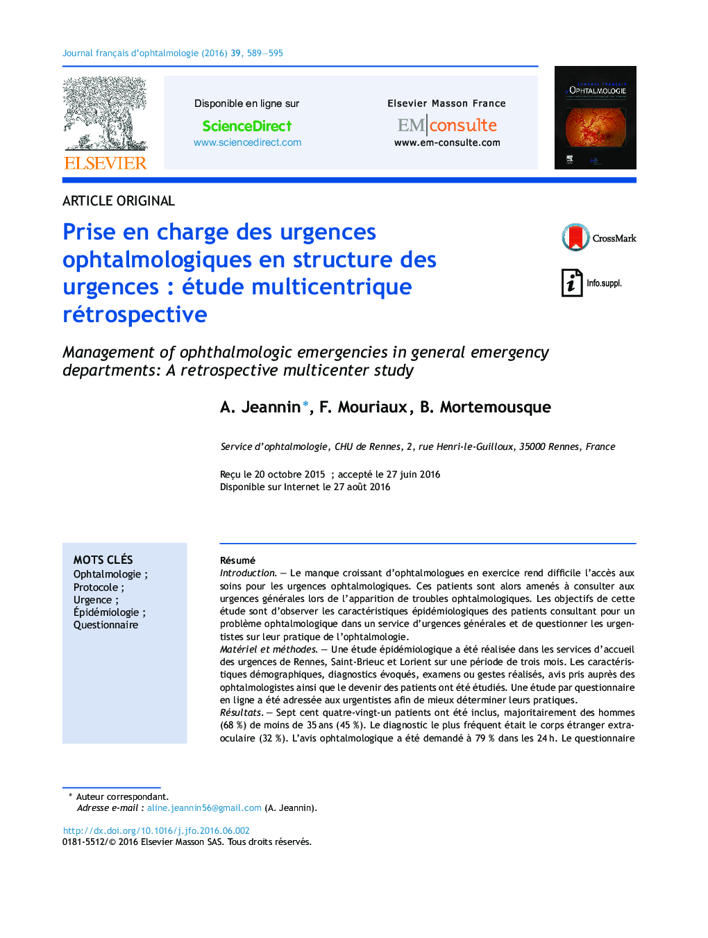 Prise en charge des urgences ophtalmologiques en structure des urgences : étude multicentrique rétrospective