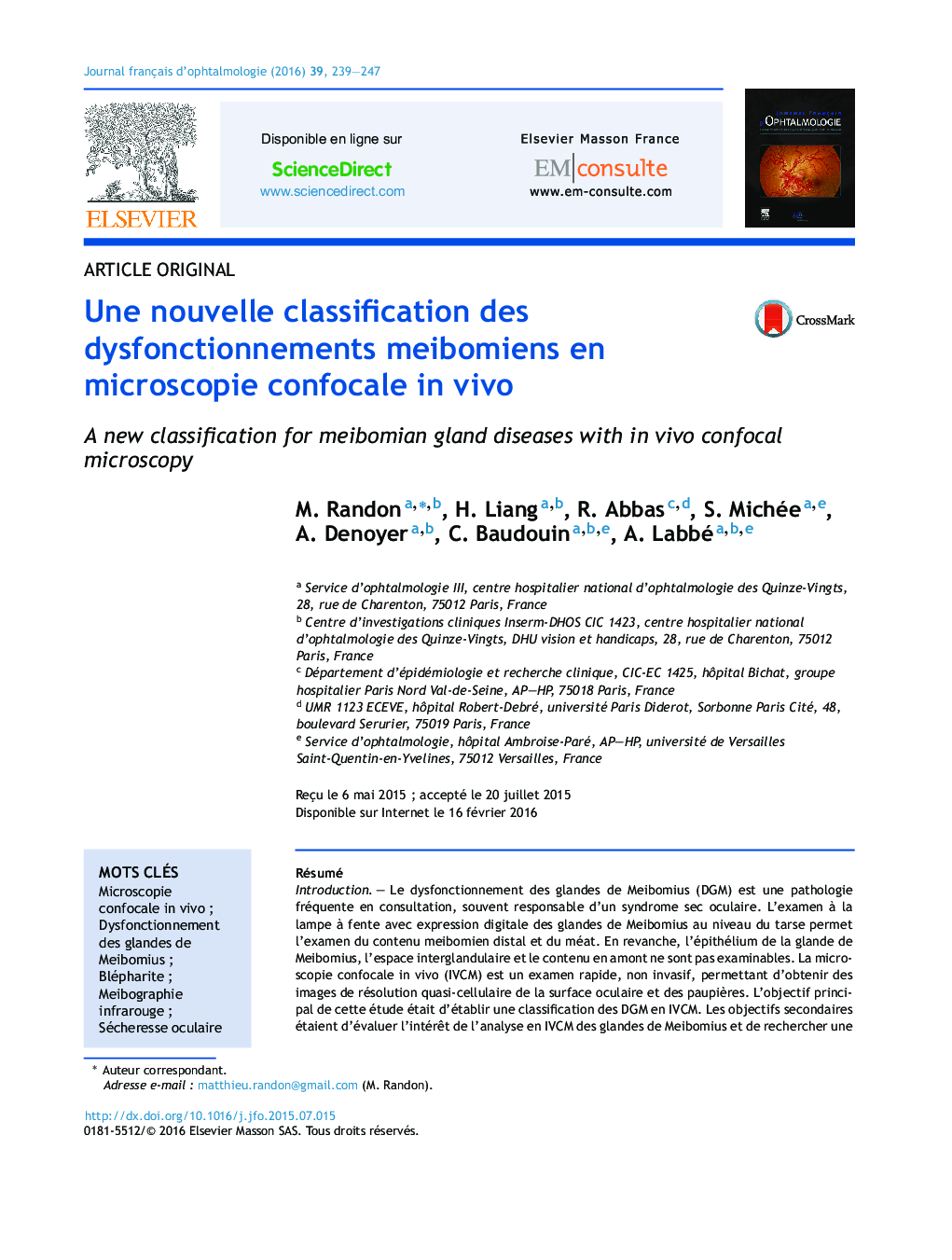 Une nouvelle classification des dysfonctionnements meibomiens en microscopie confocale in vivo