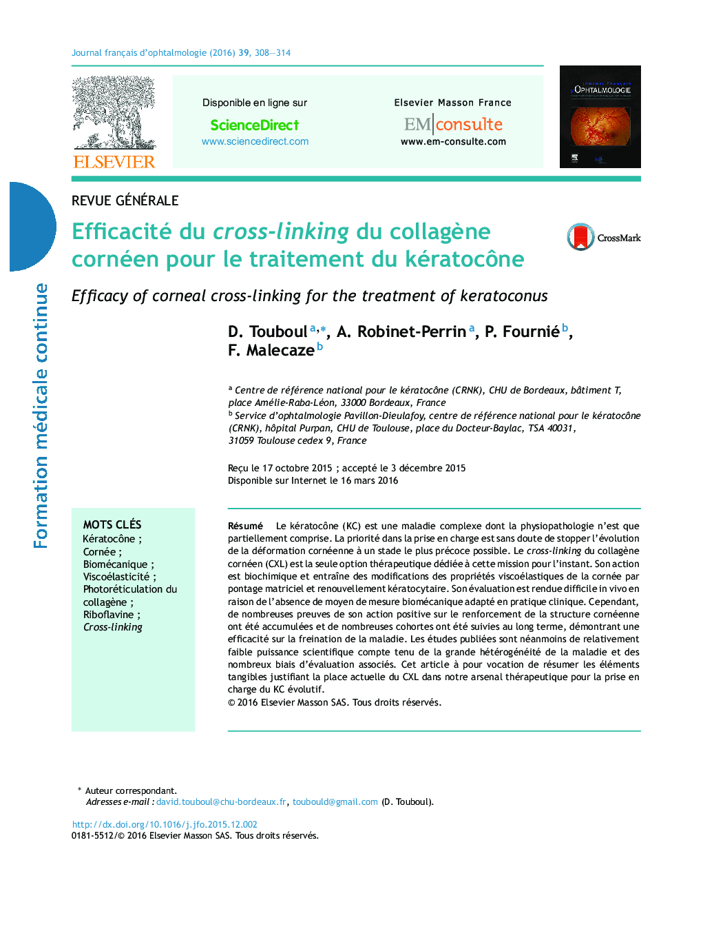 Efficacité du cross-linking du collagène cornéen pour le traitement du kératocône