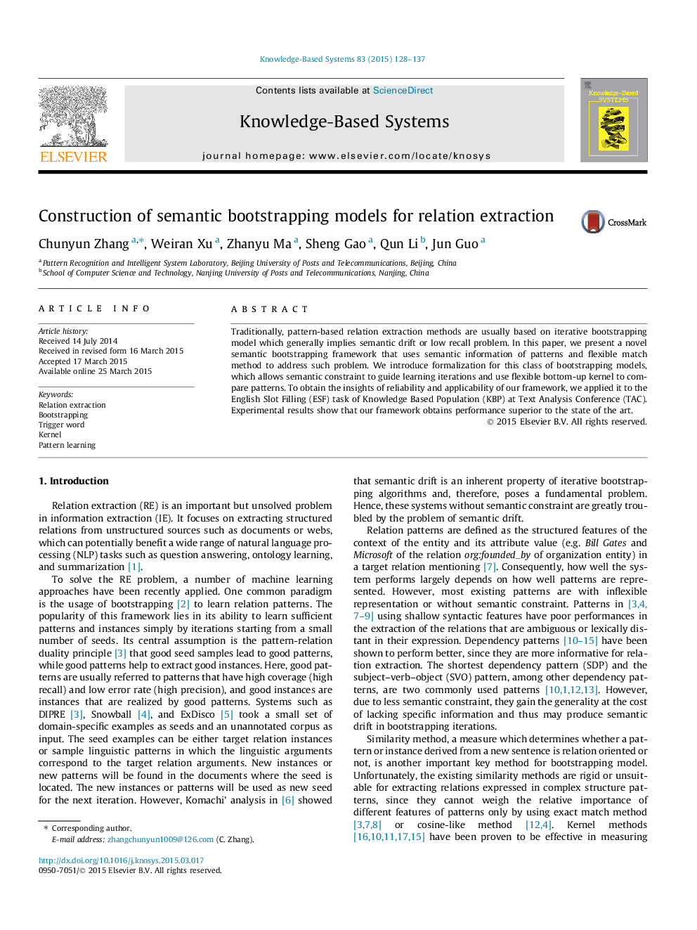 Construction of semantic bootstrapping models for relation extraction