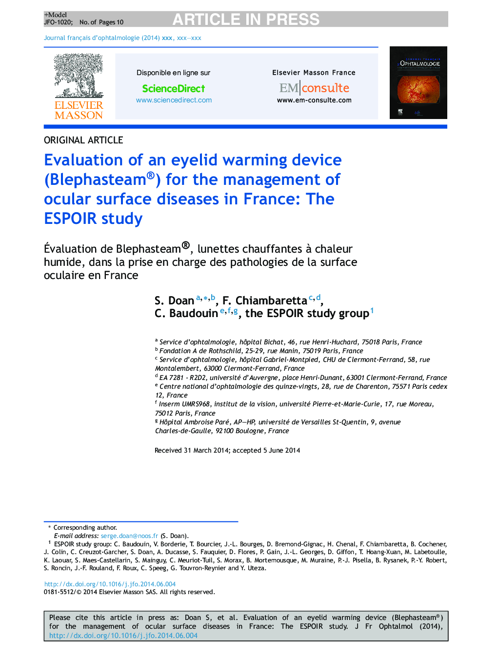 Evaluation of an eyelid warming device (Blephasteam®) for the management of ocular surface diseases in France: The ESPOIR study