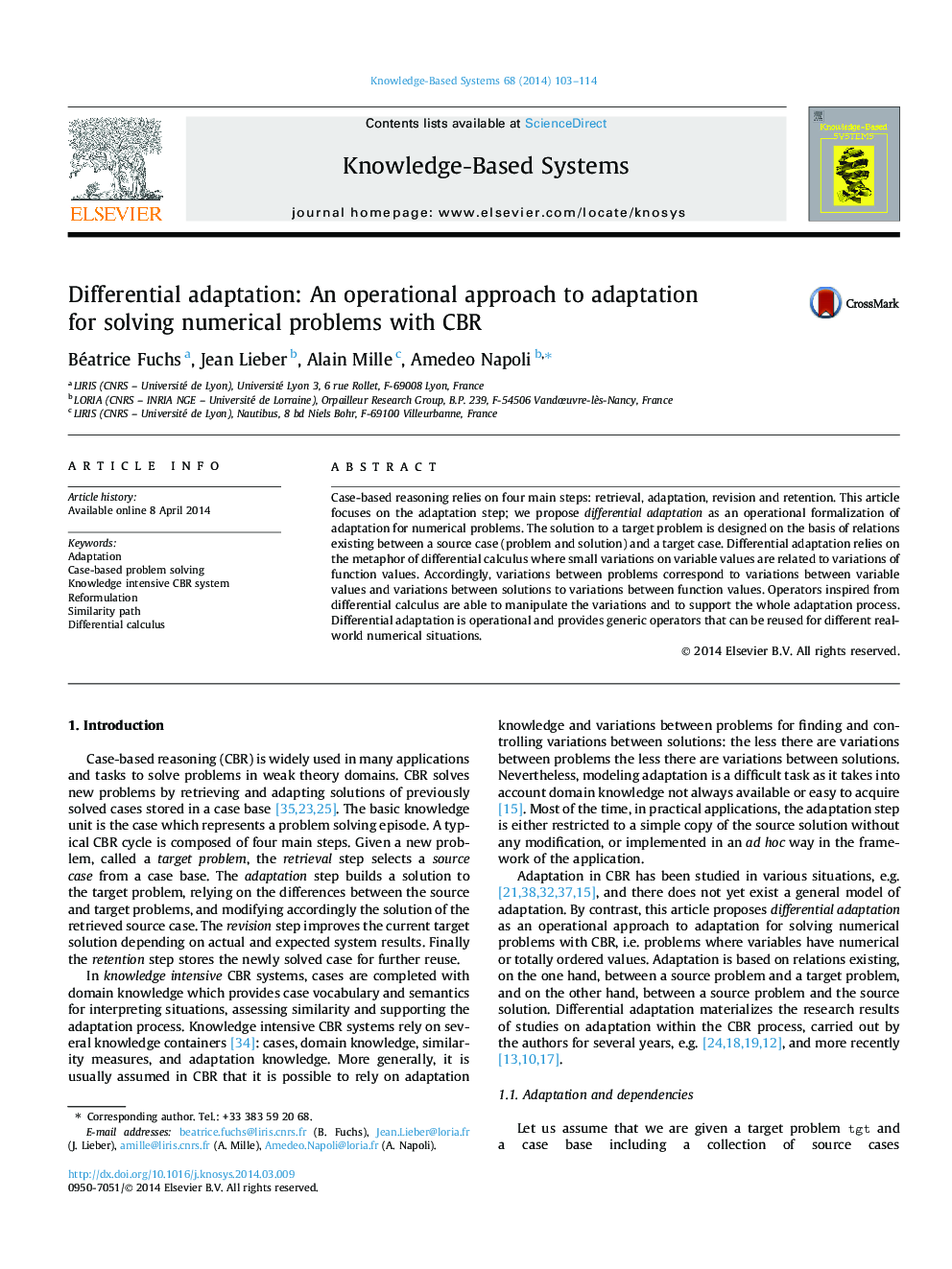 Differential adaptation: An operational approach to adaptation for solving numerical problems with CBR