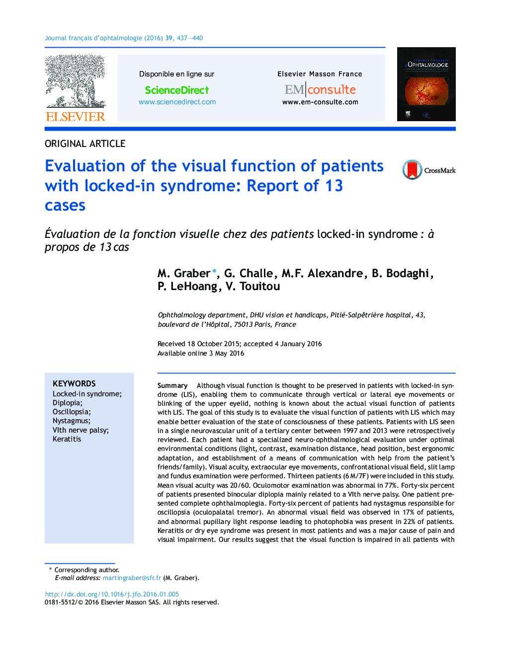 Evaluation of the visual function of patients with locked-in syndrome: Report of 13 cases