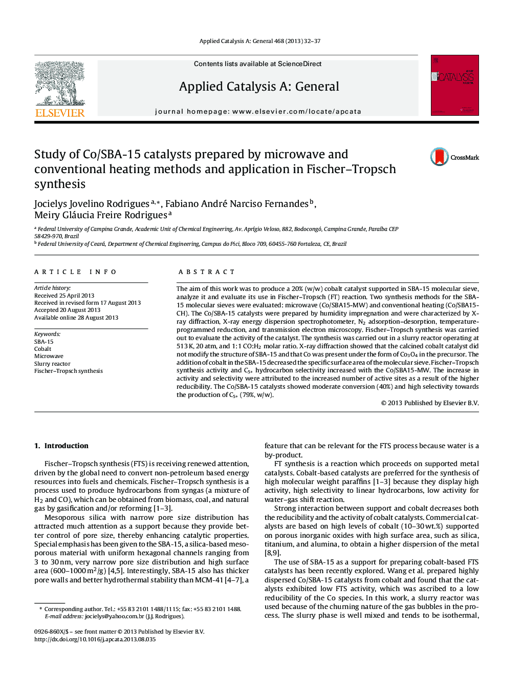 Study of Co/SBA-15 catalysts prepared by microwave and conventional heating methods and application in Fischer–Tropsch synthesis