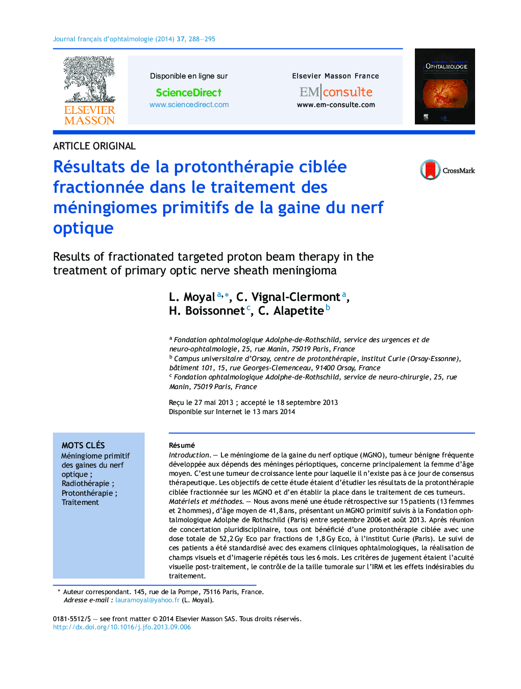 Résultats de la protonthérapie ciblée fractionnée dans le traitement des méningiomes primitifs de la gaine du nerf optique